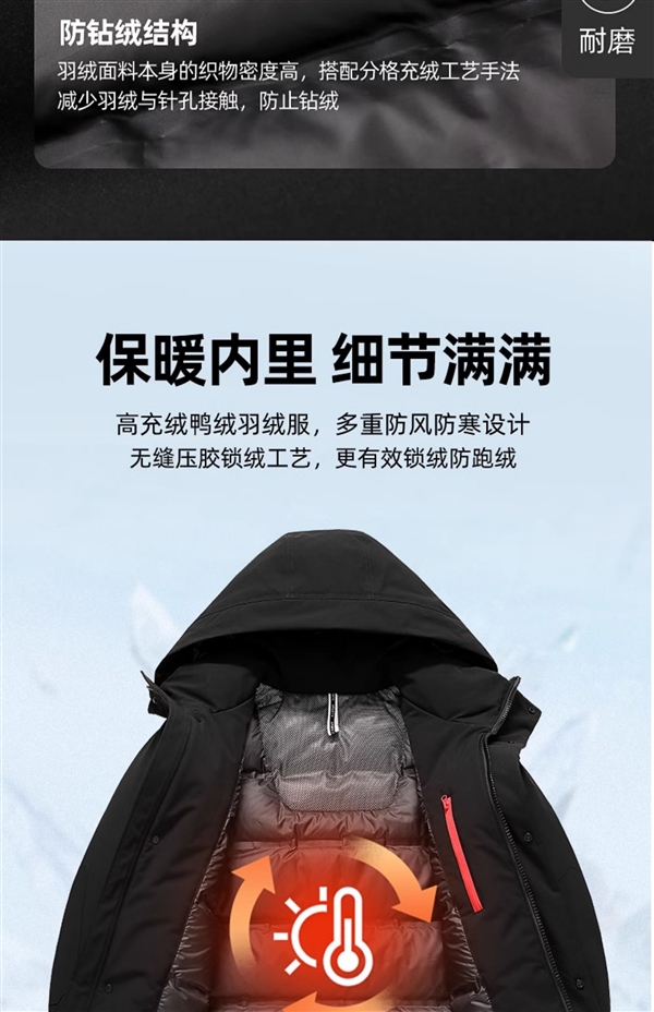 防鉆絨/防水/防風：鴨鴨情侶款工裝風保暖羽絨服399元大促