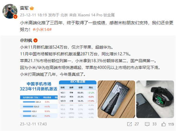 小米重回國產(chǎn)第一！雷軍：高端化推了三四年 終于取得一些成績