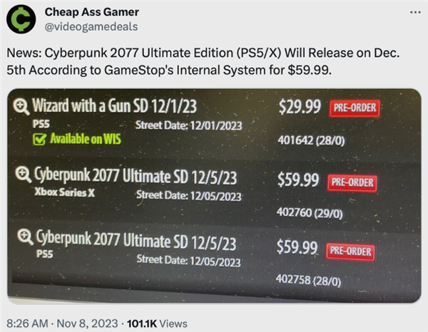 《賽博朋克2077：終極版》信息泄露：售59.99美元 12月5日開(kāi)售
