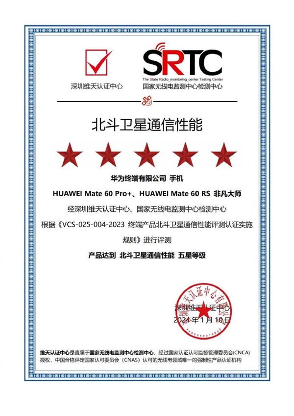 全球首個(gè)！華為Mate60系列獲天通、北斗雙五星等級(jí)認(rèn)證
