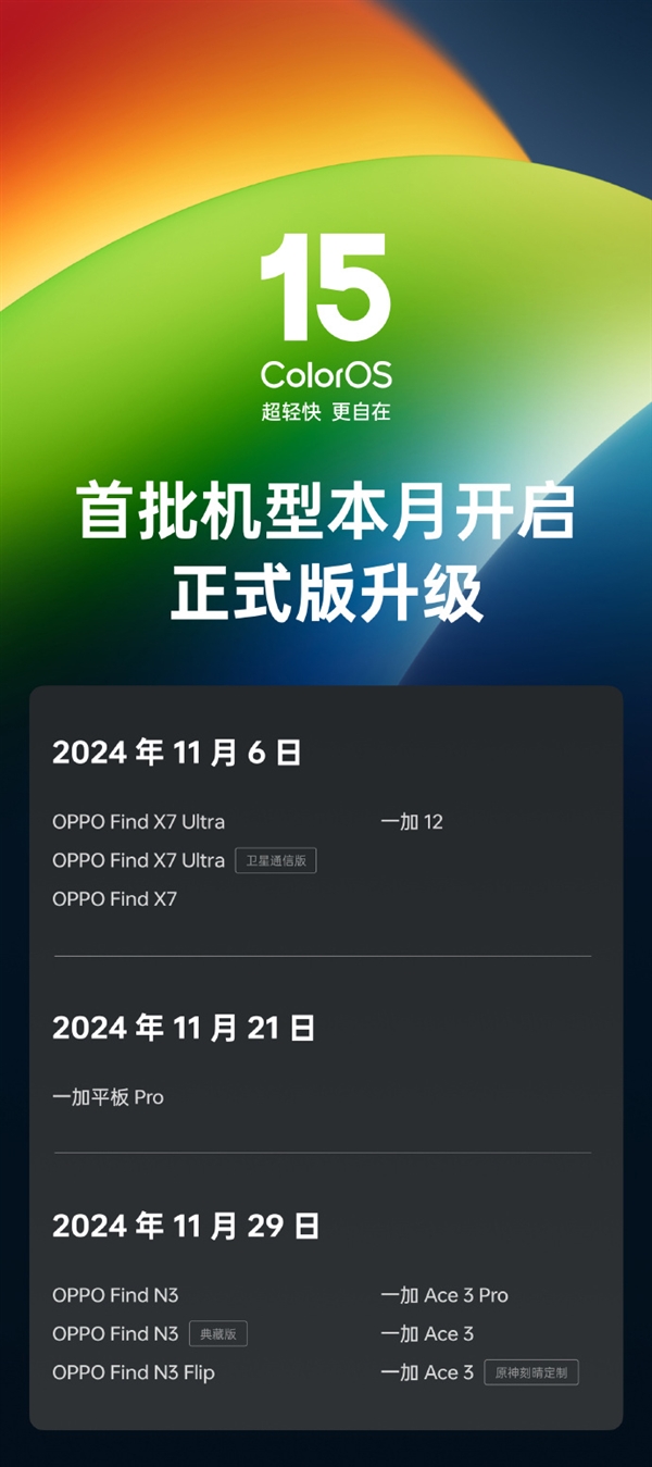 OPPO首批機型本月開啟ColorOS 15正式版升級：涵蓋Find X7等11款