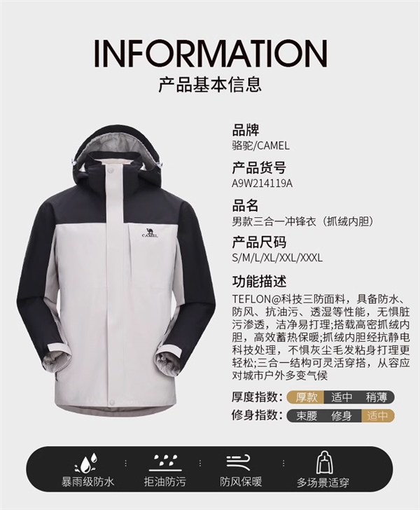 防風防水 天冷必備：駱駝戶外三合一沖鋒衣到手399元