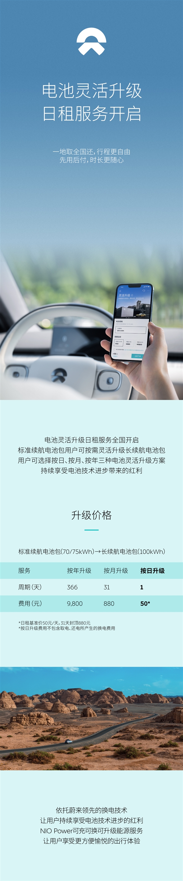 蔚來推出100kWh電池升級(jí)日租服務(wù)：50元/天、支持異地還電池