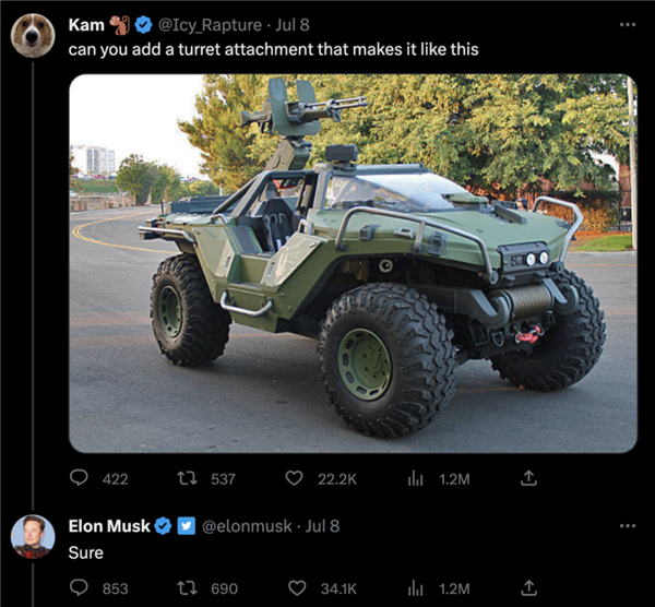 馬斯克開著Cybertruck兜風(fēng) 答應(yīng)網(wǎng)友加炮塔
