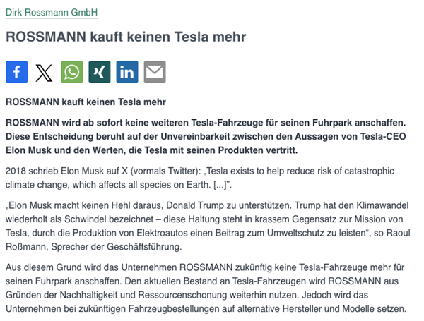 因馬斯克支持特朗普：德國零售商宣布不再購買特斯拉