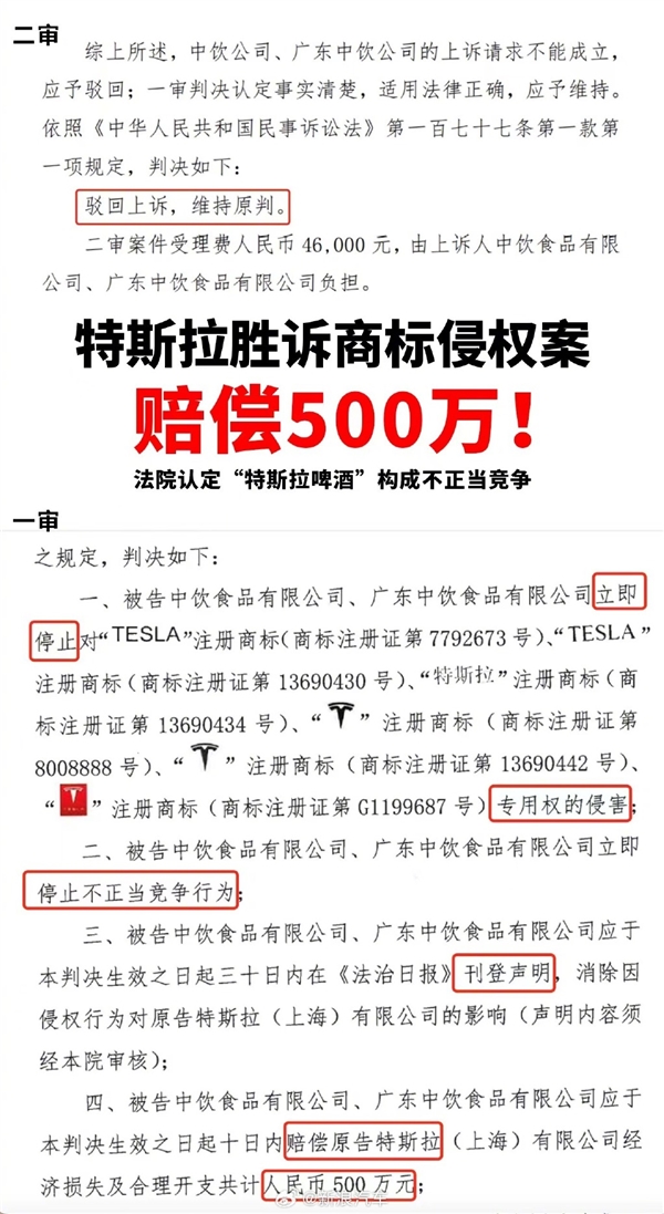 特斯拉勝訴特斯拉啤酒商標侵權案：獲賠500萬！