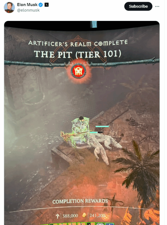 真游戲玩家！馬斯克曬《暗黑破壞神4》新成就