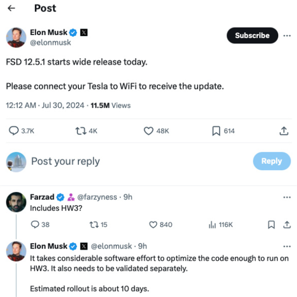 支持場內(nèi)尋路、無標(biāo)記道路行駛：特斯拉FSD 12.5.1正式開啟廣泛推送