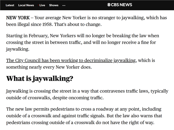 美國紐約正式將亂穿馬路合法化：允許行人闖紅燈過馬路