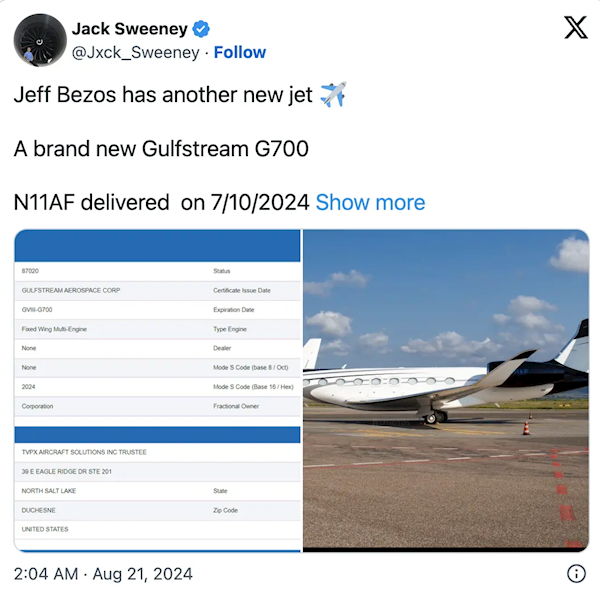 貝佐斯5.7億買下第四架私人飛機(jī)：馬斯克同款 飛行速度接近音速