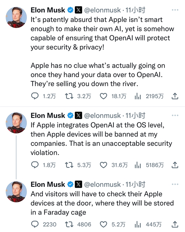 馬斯克連發(fā)7文炮轟蘋果牽手OpenAI：蘋果設(shè)備以后別進(jìn)我公司