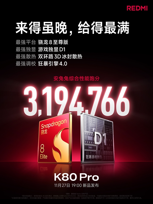 性能大滿貫！REDMI K80 Pro搭載驍龍8至尊版+D1獨(dú)顯：跑分接近320萬