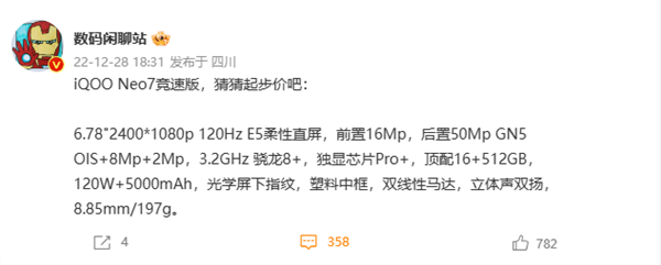 就差價格了！iQOO Neo7競速版配置一覽