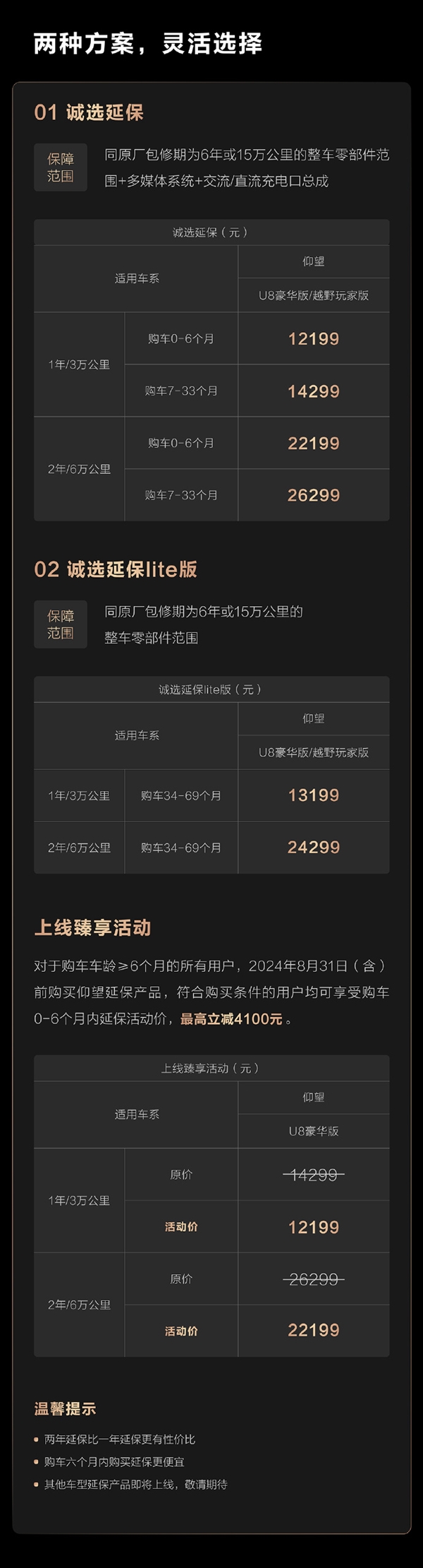 比亞迪仰望U8推出研報(bào)產(chǎn)品：延長(zhǎng)2年/6萬(wàn)公里保修僅需12199元起