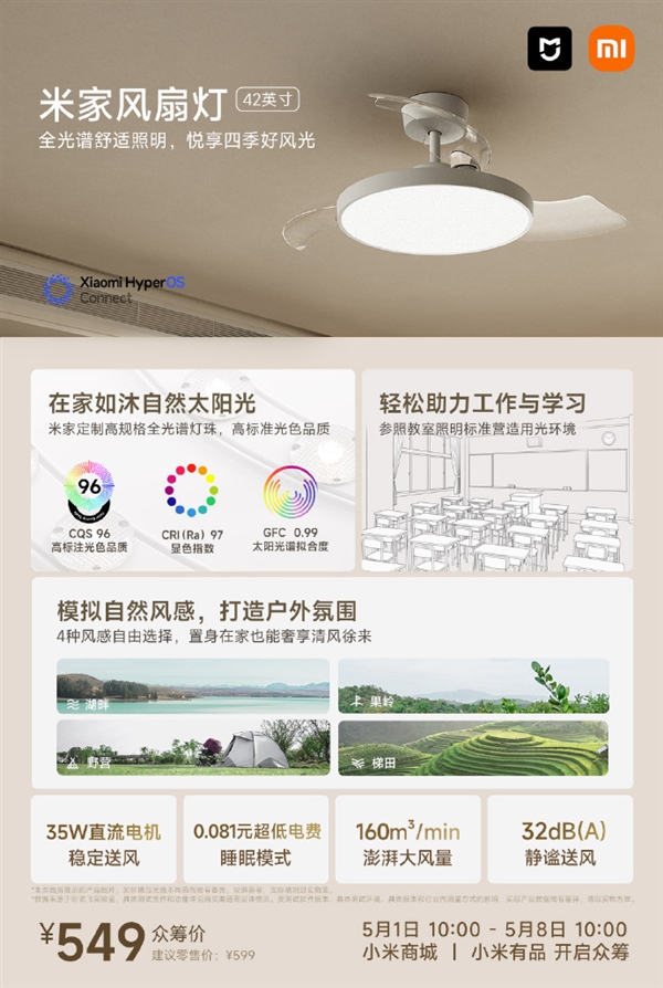 549元 小米米家風扇燈開啟眾籌：定制全光譜燈珠