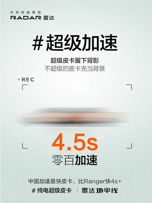 零百僅需4.5秒！國(guó)產(chǎn)最速皮卡“吉利雷達(dá)地平線”開(kāi)啟盲訂