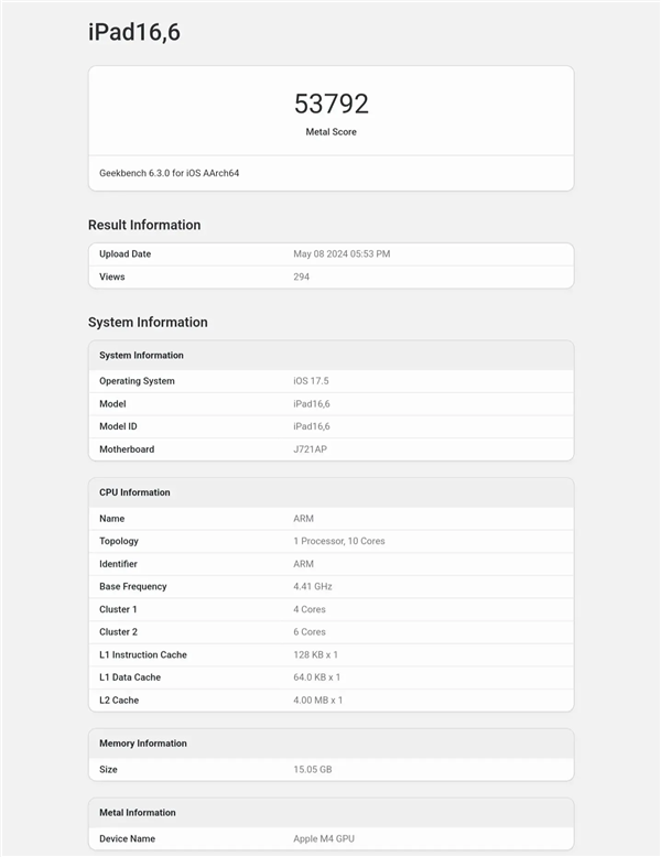 iPad Pro 2024首發(fā)！蘋果M4 GPU跑分公布