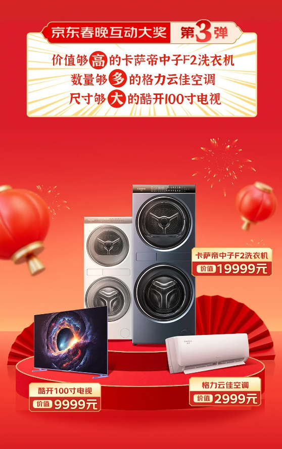 京東春晚互動大獎揭曉：100寸電視、2萬元洗衣機只要1分錢