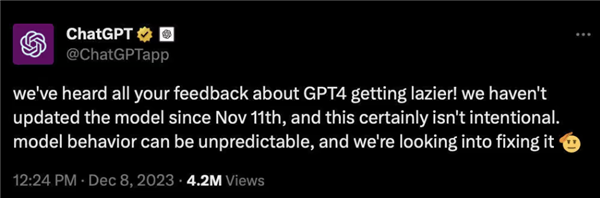 GPT4被曝變懶惰！OpenAI承諾盡快修復(fù)：將進(jìn)行離線評(píng)估和線上測(cè)試
