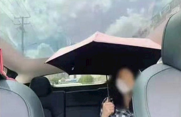 特斯拉天幕變?nèi)翱緺t 開車戴帽子冰袖 女子調(diào)侃自己變烤乳豬