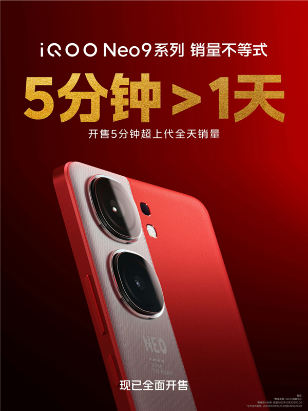 iQOO Neo9系列首銷戰(zhàn)報(bào)出爐：開售5分鐘銷量超上代全天
