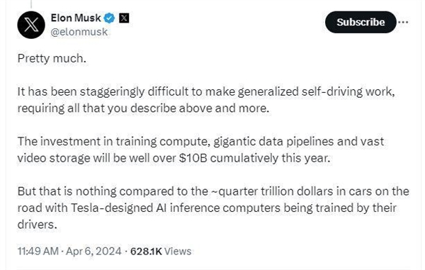 馬斯克：今年將在自動(dòng)駕駛領(lǐng)域投資超100億美元