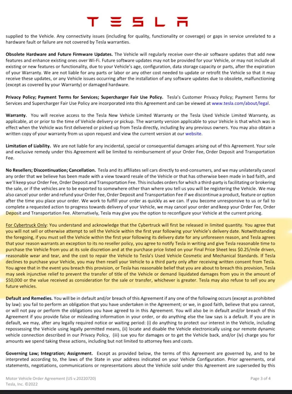 特斯拉：擅自轉(zhuǎn)售Cybertruck將面臨5萬(wàn)美元罰款 終身不得購(gòu)買(mǎi)特斯拉汽車(chē)