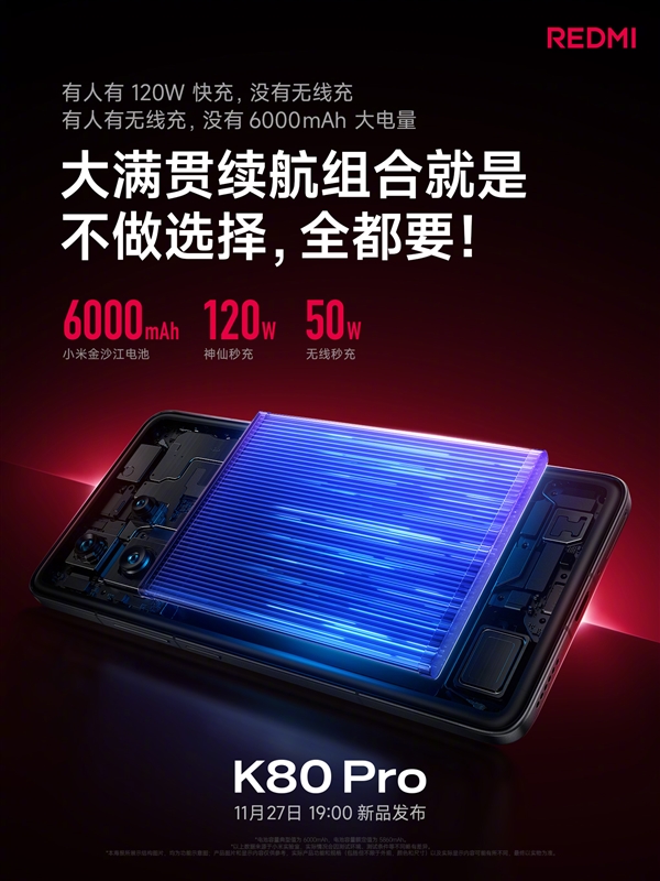 REDMI大滿貫續(xù)航 K80 Pro配備6000mAh小米金沙江電池