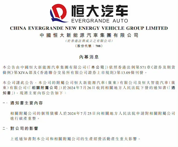 收購事宜仍未落定：恒大汽車附屬公司被申請破產(chǎn)重整