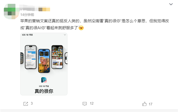 蘋(píng)果官網(wǎng)iOS 18宣傳文案“真的很你”遭吐槽 網(wǎng)友：比機(jī)翻還機(jī)翻