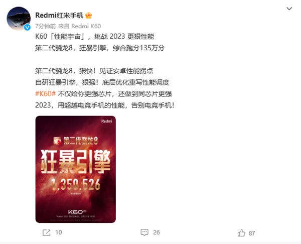 性能超越電競(jìng)手機(jī)！Redmi K60 Pro綜合跑分達(dá)135萬