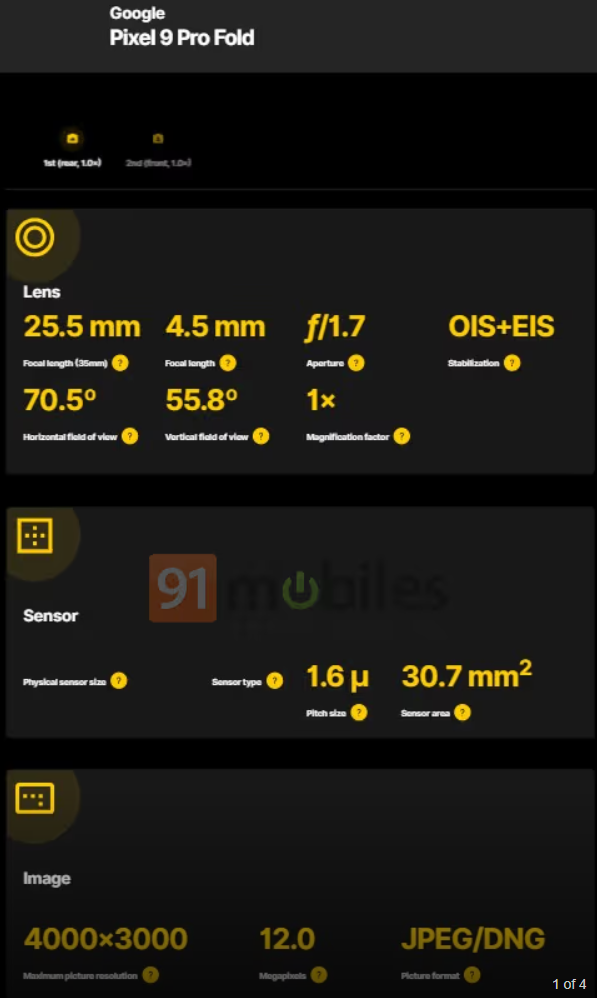 谷歌Pixel 9 Pro Fold攝像頭規(guī)格曝光：4800萬像素配F1.7光圈