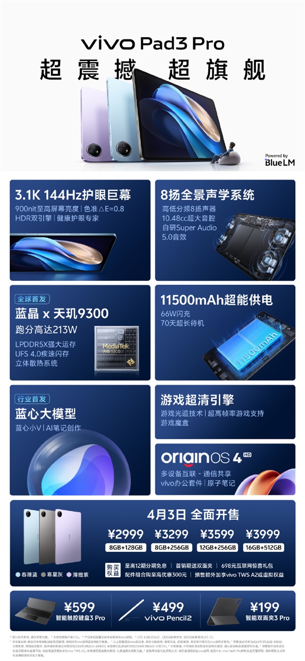 2999元起！vivo Pad3 Pro開(kāi)售：首發(fā)天璣9300 超213萬(wàn)跑分行業(yè)唯一