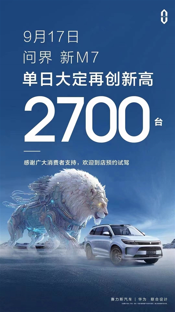 搭載華為ADS 2.0高階智能駕駛！問界新M7單日大定突破2700臺：再創(chuàng)新高