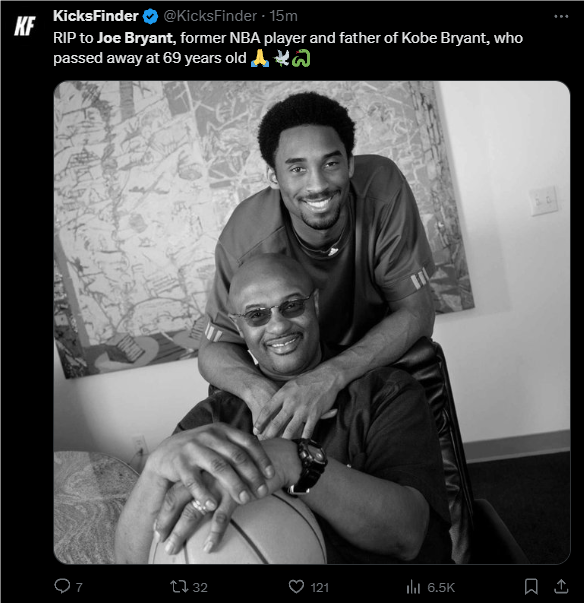 科比父親喬·布萊恩特去世：享年69歲 生前飽受中風(fēng)困擾