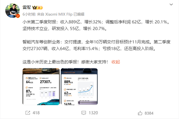 小米賣一輛車虧6萬多 雷軍回應(yīng)：造車很苦 但成功一定很酷